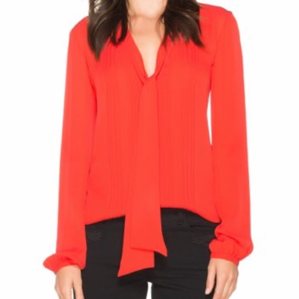 Marchesa Voyage Red Silk Tie Neck Pleated Blouse